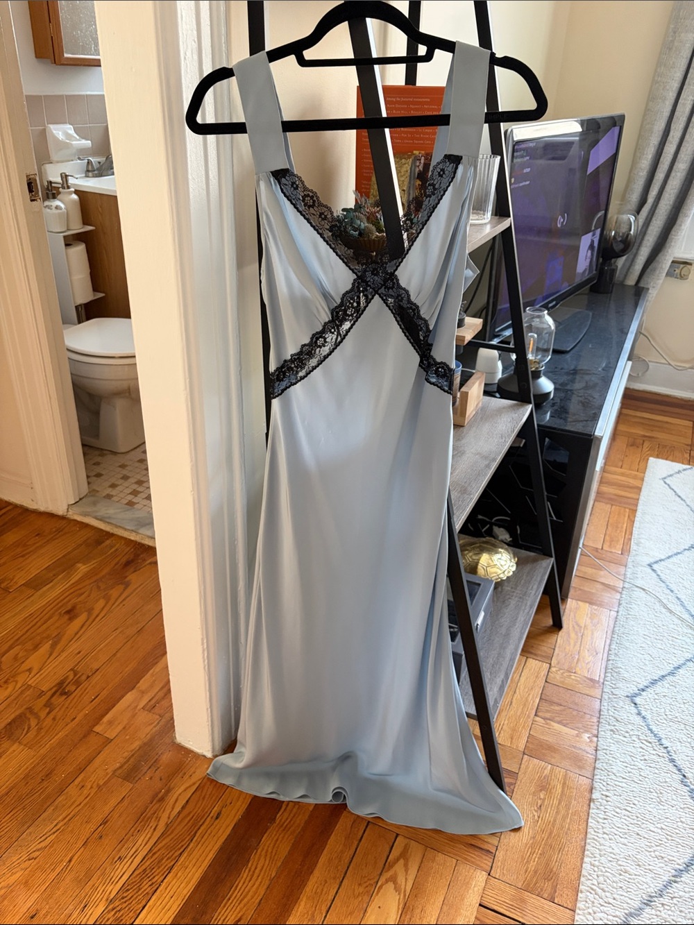 Reformation Provence Pale Blue Silk Slip Dress with Black Lace Trim